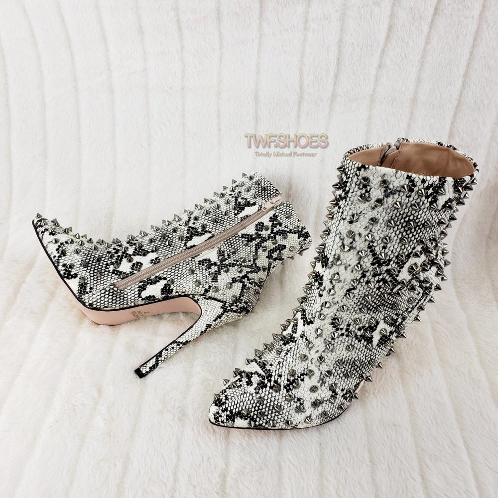 Passion Off White Black Snake Spiked 4.5" High Heel Ankle Boots - Picture 9 of 12